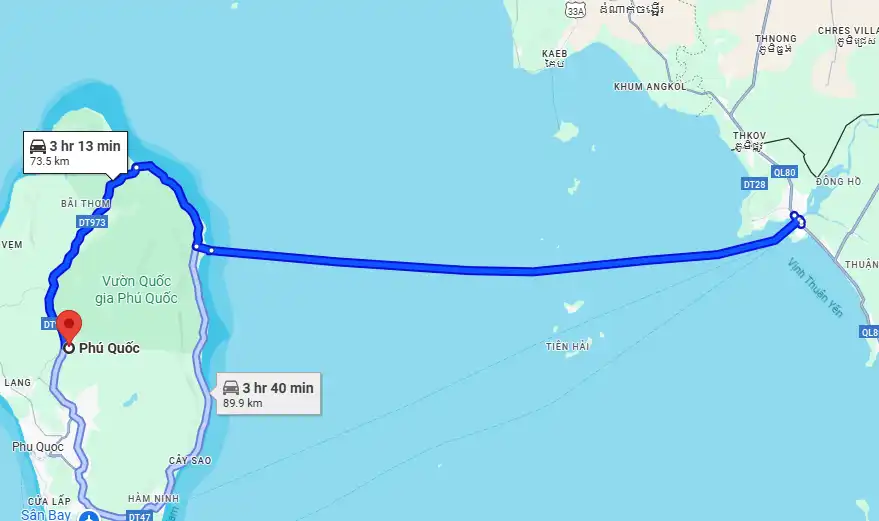 Ferry to Phu Quoc crossing calm sea waters with island views in the distance.
