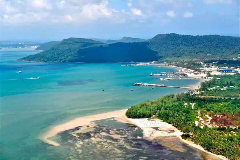 Passengers boarding the ferry to Phu Quoc under clear blue skies.